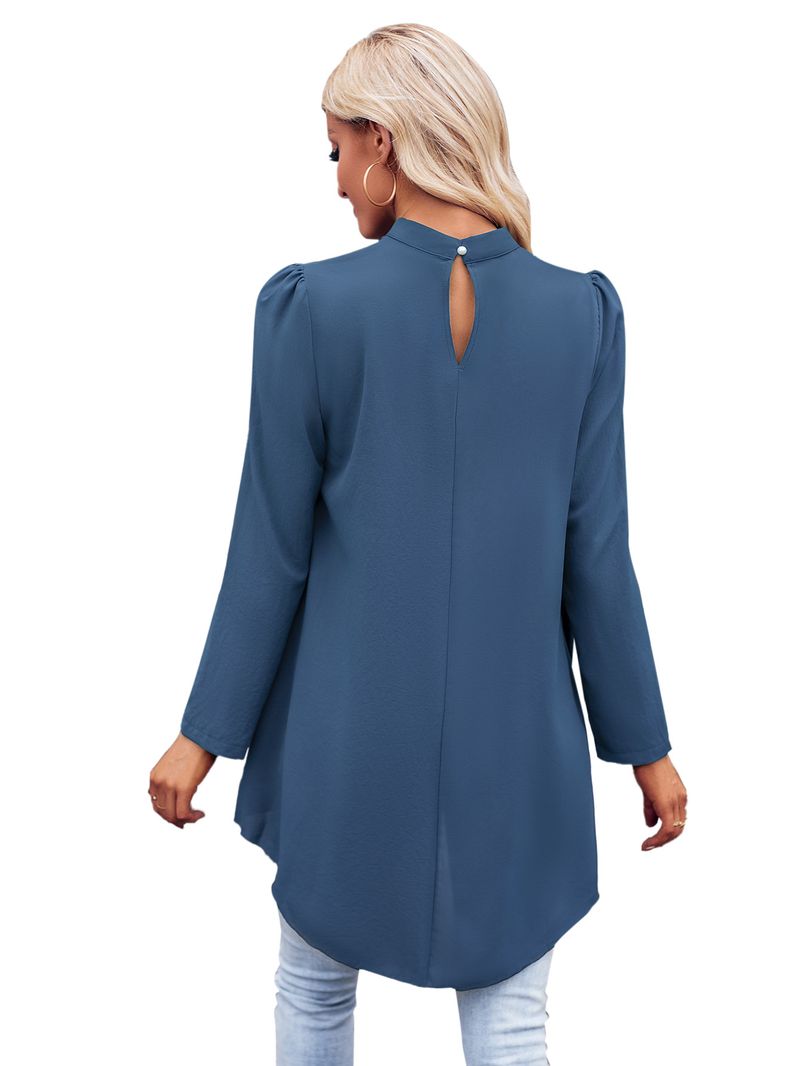Abbigliamento da donna, camicia in due pezzi finta a maniche lunghe, tinta unita, collo semi-alto, casual, da donna_voghion.com