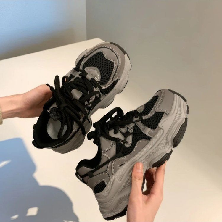 Damskie buty typu dad shoes z grubą podeszwą na platformie, lato 2024, nowy styl, podwyższające, oddychające, siateczkowe, casualowe trampki_voghion.com