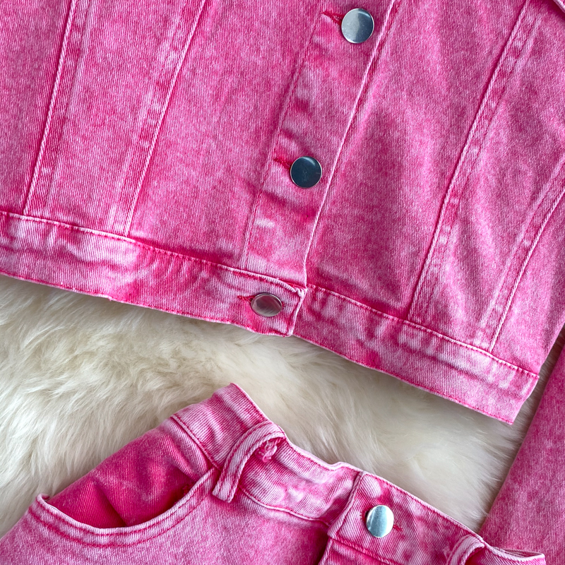 Ropa de mujer Conjunto de dos piezas formado por chaqueta y pantalón corto de mezclilla rosa y holgado para mujer_voghion.com