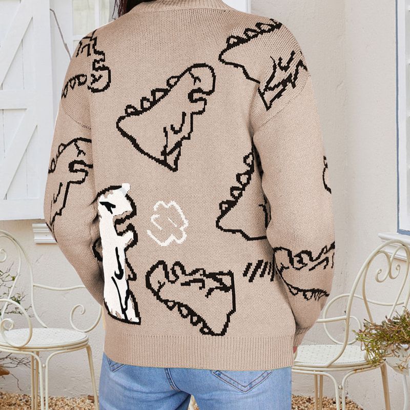 Women's Clothing long sleeved sweater autumn and winter new round neck loose cartoon dinosaur sweater_voghion.com