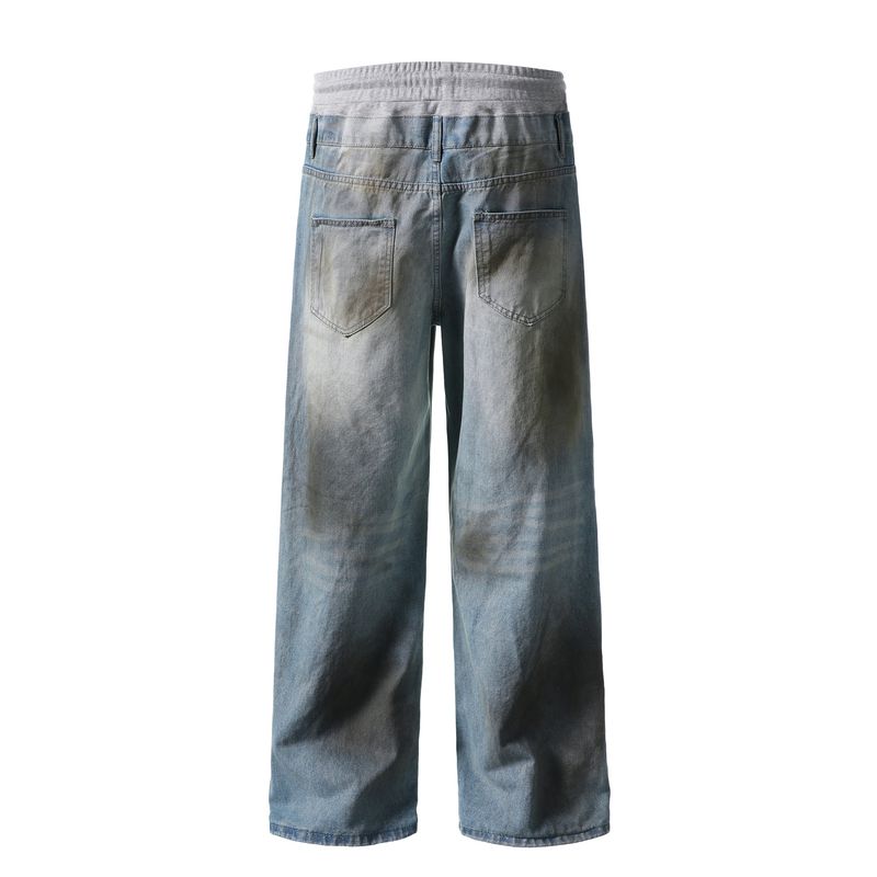 Men's Clothing Retro Washed Elastic Waistband Patchwork Denim Loose Jeans Dirty Ripped Design Long Pants_voghion.com