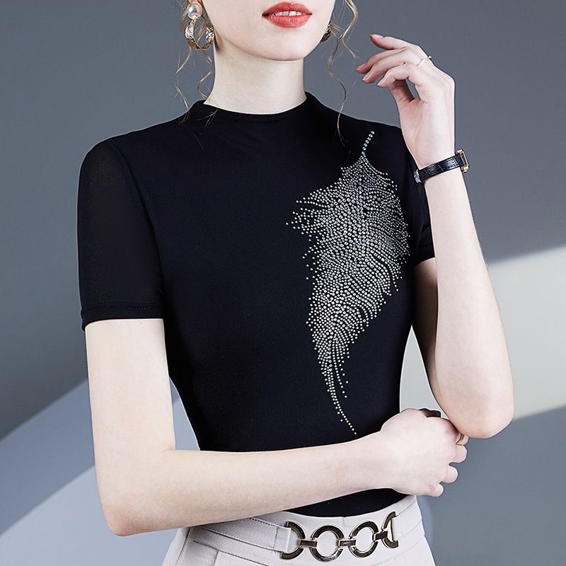 Maglietta a maniche corte con strass in rete alla moda per donna, nuova ed elegante maglietta trasparente, tinta unita, versatile camicetta da donna_voghion.com