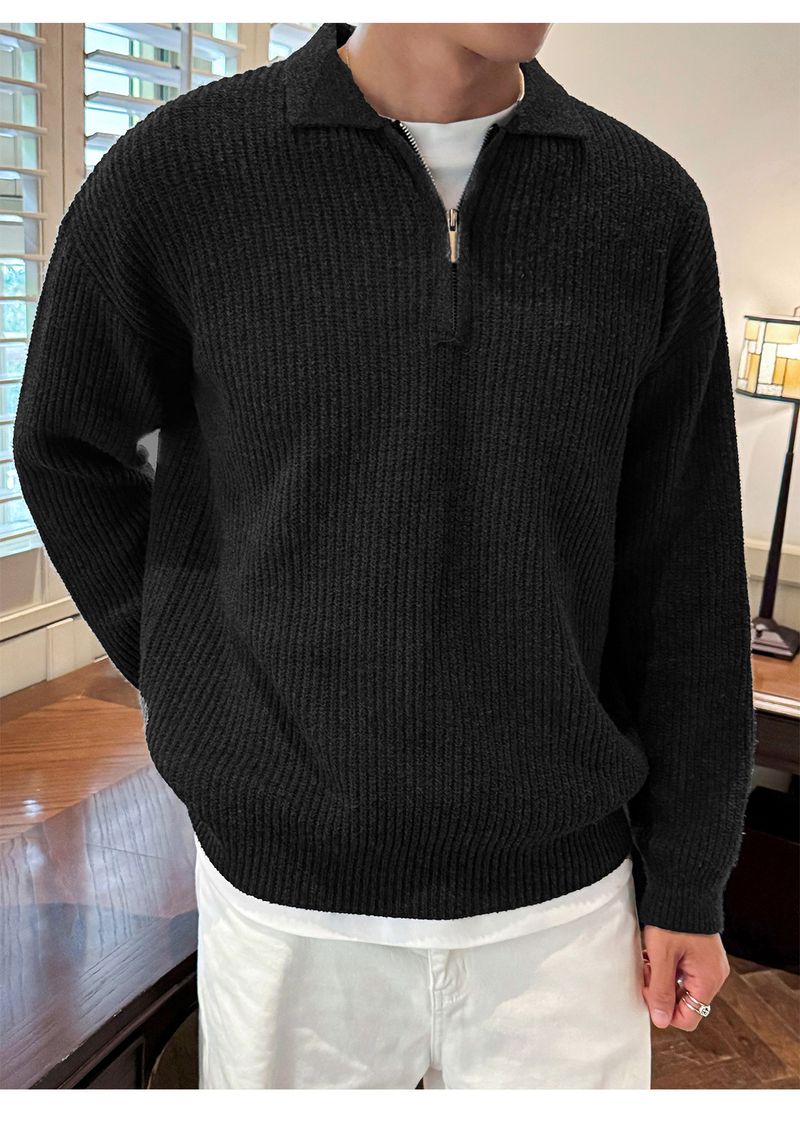 Men's Half-Zip Mock Neck Sweater - Heavyweight Fleece-Like Knit Pullover With Vertical Stripes, Warm Winter Casual Coat_voghion.com