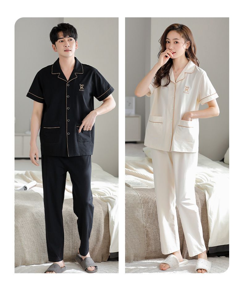 Couple's Pure Cotton Pajama Set | Basic Short Sleeved+long Pants Matching Loose Cardigan Suitable For Three Seasons, Youthful And Casual Style_voghion.com