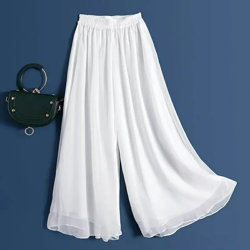 hot selling Women Wide-leg Double-layered Flowy Swing Versatile High-rise Trousers Loose Cropped Chiffon Pants_voghion.com