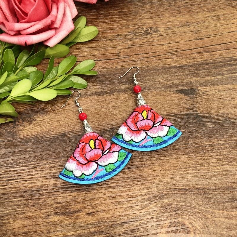 Handmade Embroidered Ethnic Style Fabric Earrings With Flowers Tassels, Versatile And Elegant Women, Suitable For Stage_voghion.com