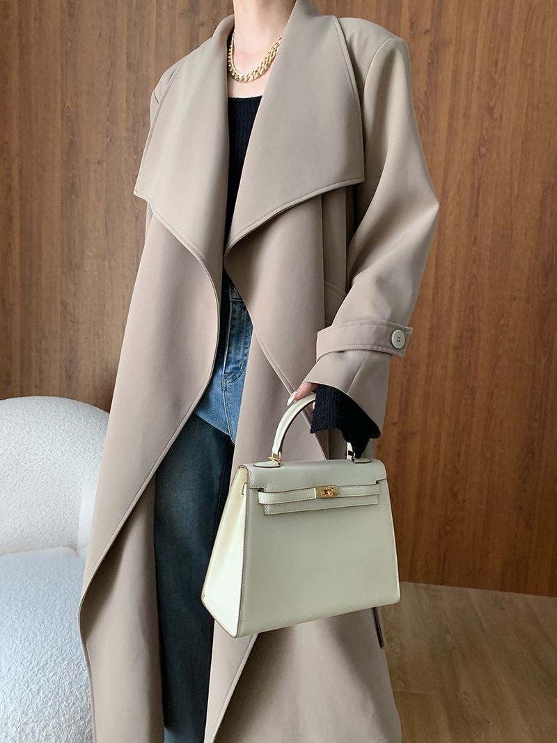 Trench classico oversize da donna – Cappotto lungo autunnale con colletto a revers, nero e cachi, misto poliestere e cotone_voghion.com