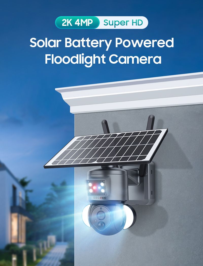 Câmera solar de alarme vermelha e azul, placa externa 4G, câmera de vigilância de baixo consumo de energia, 4 milhões de pixels_voghion.com