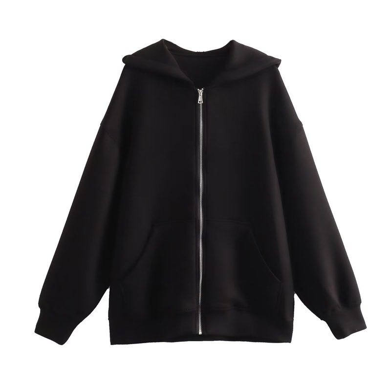 Kadın kapşonlu uzun uzay pamuklu ceket bol hırka sweatshirt_voghion.com