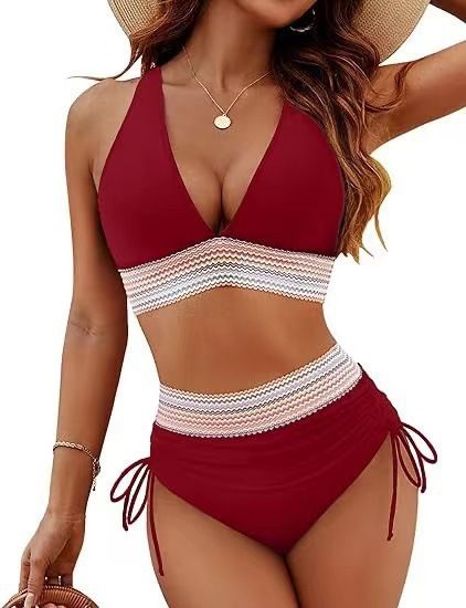 Maillot de bain deux pièces moulant à col en V profond pour femme, nouveau style, sexy, taille haute_voghion.com