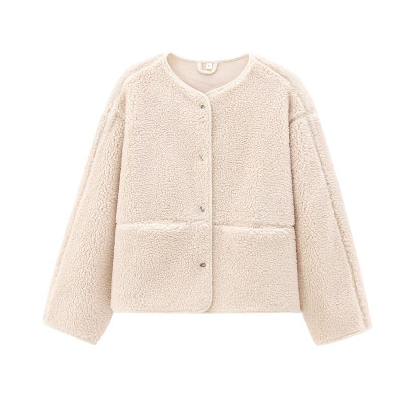 Giacca in velluto Teddy semplice tinta unita con scollo rotondo da donna autunno/inverno 2024_voghion.com