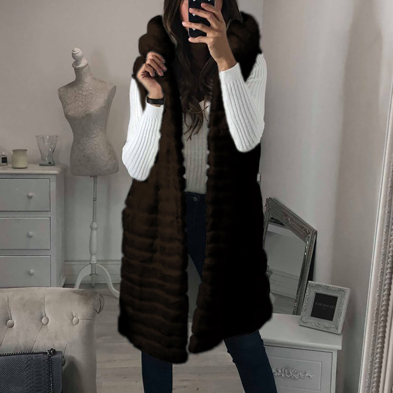 Cappotto con cappuccio in pelliccia imitazione pelliccia di coniglio di media lunghezza da donna_voghion.com