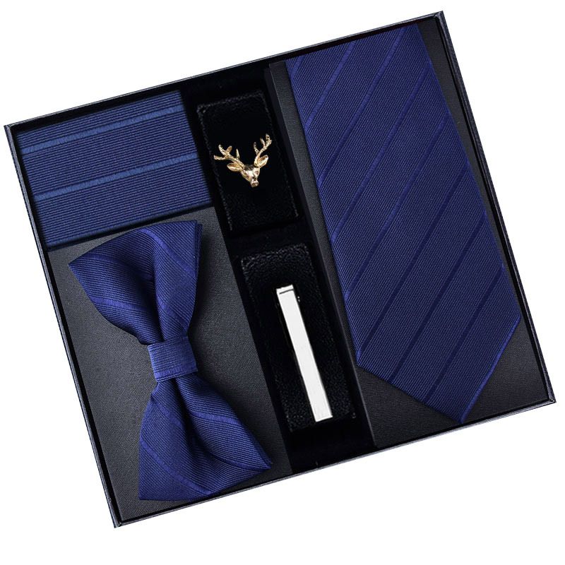 Fünfer-Set: Formelle Herren-Business-Krawatte, 8 cm, blauer Reißverschluss, schwarze handgebundene Fliege, Einstecktuch, Manschettenknöpfe_voghion.com