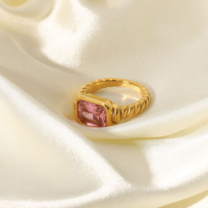 Anello rettangolare in zircone rosa smeraldo in acciaio inossidabile, gioielli con anello a spirale attorcigliato croissant da donna_voghion.com
