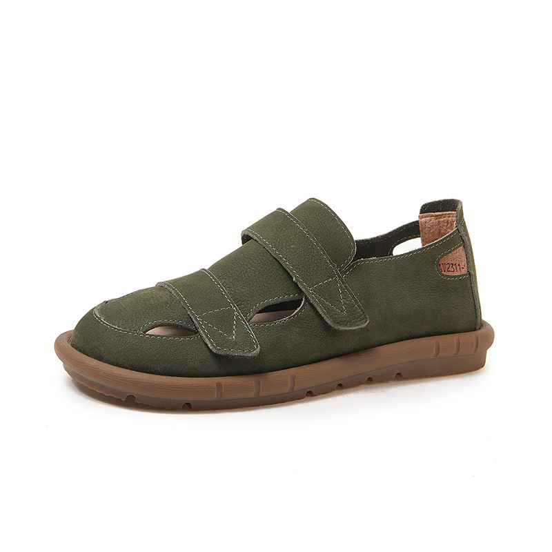 Genuine Leather Women's Sandals Summer Velcro Design Casual Sole Soft Surface Suede Cowhide Flat Shoes_voghion.com