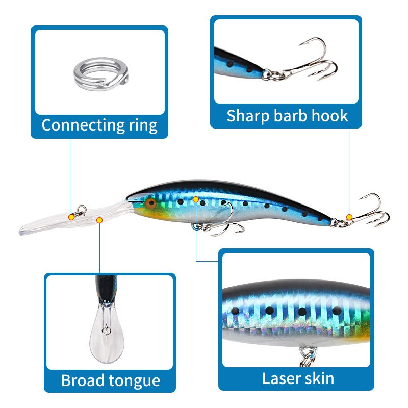 Ilga liežuvėlinė lenta plūduriuojančiai vandens masalui „Minnow“ 13,8 cm 14,5 g, sidabru sustiprintas dvigubo kablio masalas jūrinės žvejybos produktai_voghion.com