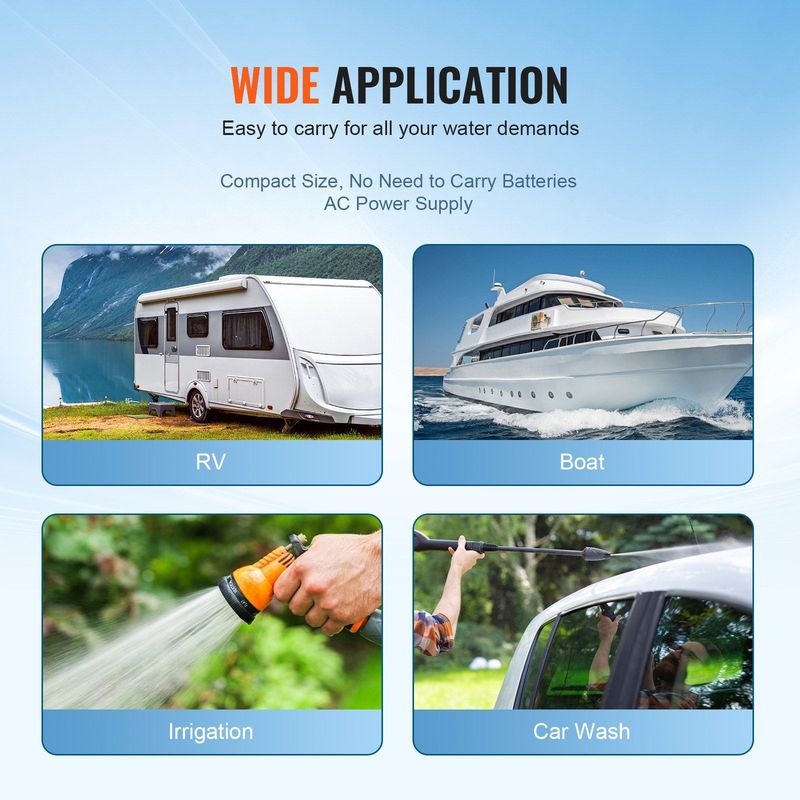 VEVOR Water Diaphragm Pump, 110V AC, 3.3 GPM Flow, 45 PSI Rated Pressure (40-80 PSI Adjustable), 1/2" MNPT Self Priming Sprayer Pump With Pressure Switch For RV Camper Marine Boat Lawn, FCC Certified_voghion.com