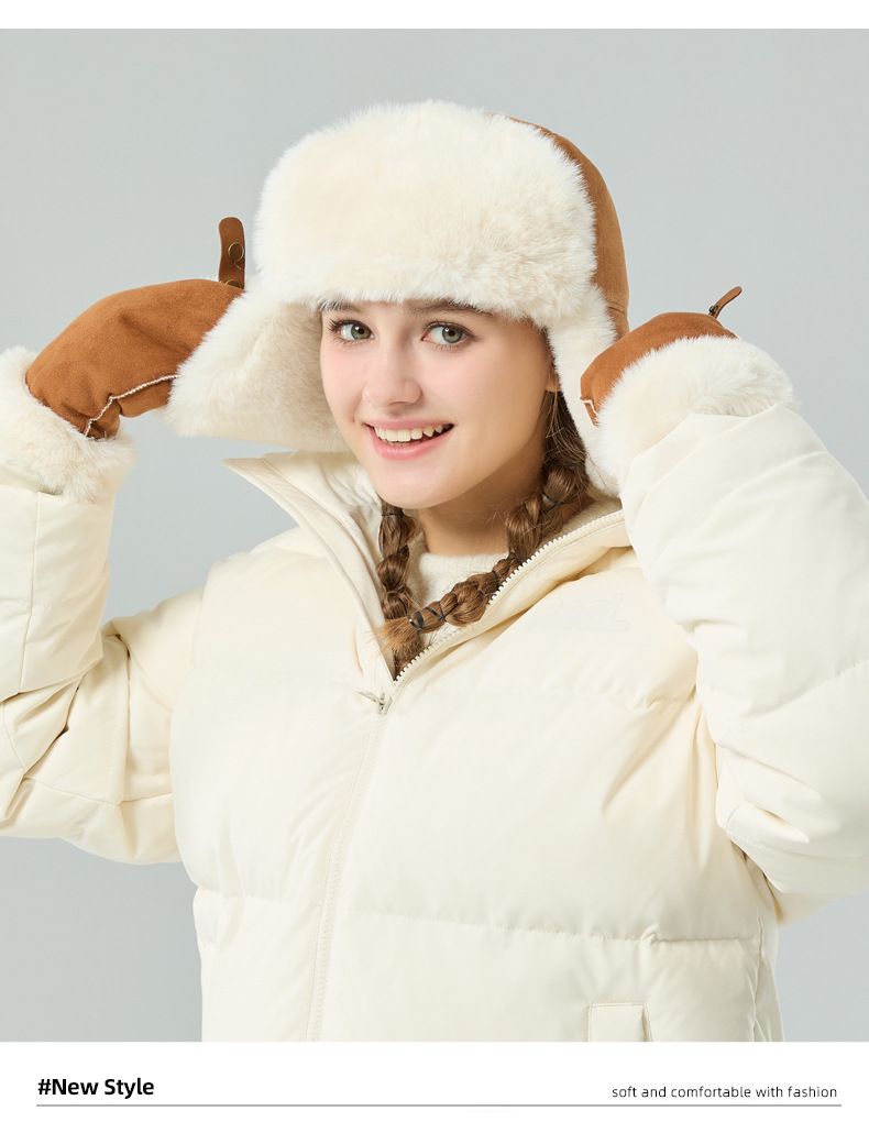 Women's Hats Autumn And Winter Suede Lei Feng Hat Plush Thickened Earmuffs Warm Ski Hat Rabbit Fur Gloves Outdoor Cold Proof Suit_voghion.com
