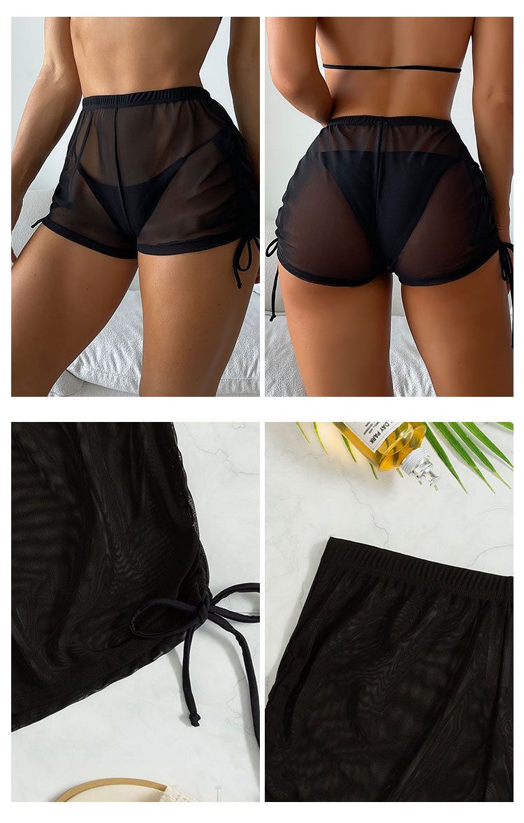New European And American Sexy Solid Color Swimsuit Women's Four Corner Transparent Mesh Drawstring Beach Swimming Trunks Bikini Shorts_voghion.com
