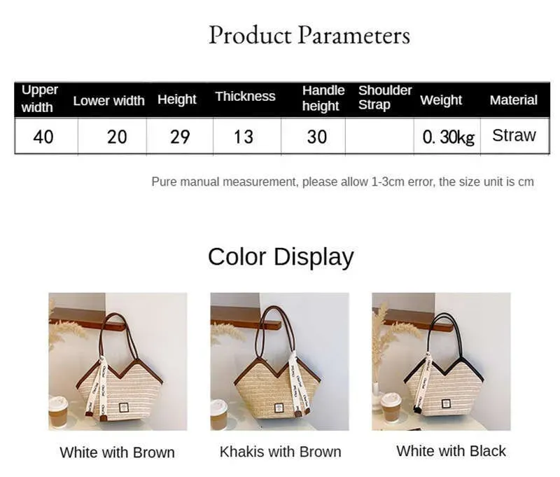 Bolso tote de paja de diseño playero, bolso de hombro de gran capacidad para mujer, ideal para el verano -_voghion.com