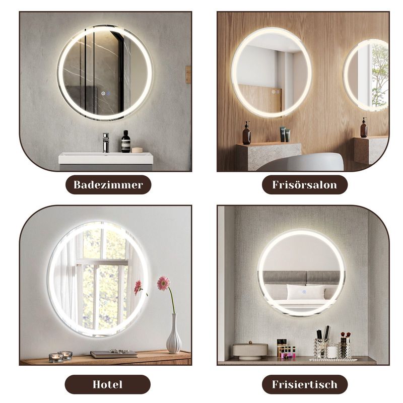 Glitzerlife Spiegel Bad Mit Beleuchtung - LED Badspiegel Rund 70cm Wandspiegel Dimmbar 3000K-6500K IP44 Mit Touch-Schalter Und Entfogger-Funktion Lichtspiegel_voghion.com