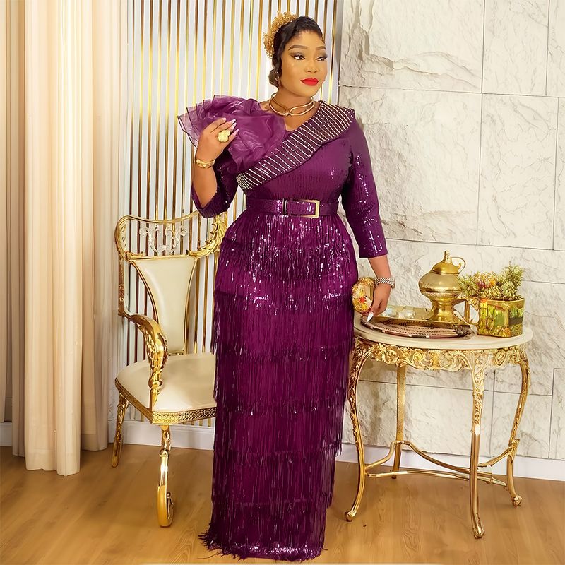 Plus Size Glitter Fringe Party Dress For Women - Elegant V-Neck Sequin Evening Gown With Layered Tulle Skirt (Wine Red, Royal Blue, Rose Purple)_voghion.com
