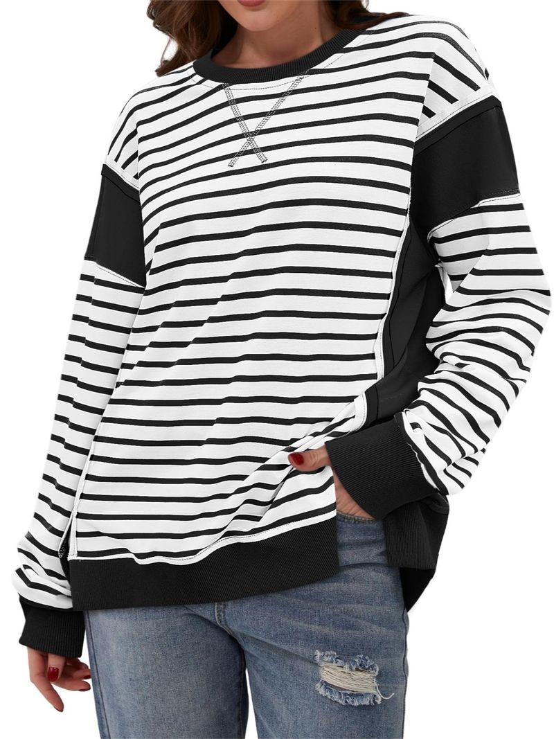 T-shirt a maniche lunghe da donna con righe a contrasto di colore - Felpa girocollo con motivo stampato_voghion.com