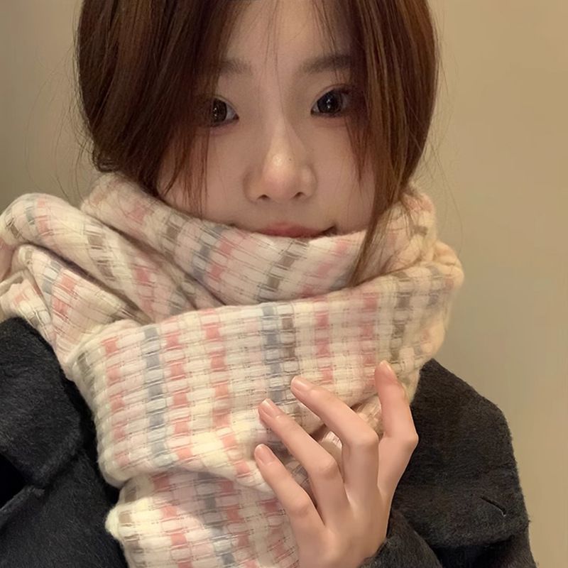 Sciarpa calda al collo in stile coreano versatile, stile coreano, nuova sciarpa scozzese rosa per ragazze dolci, autunno inverno 2024_voghion.com
