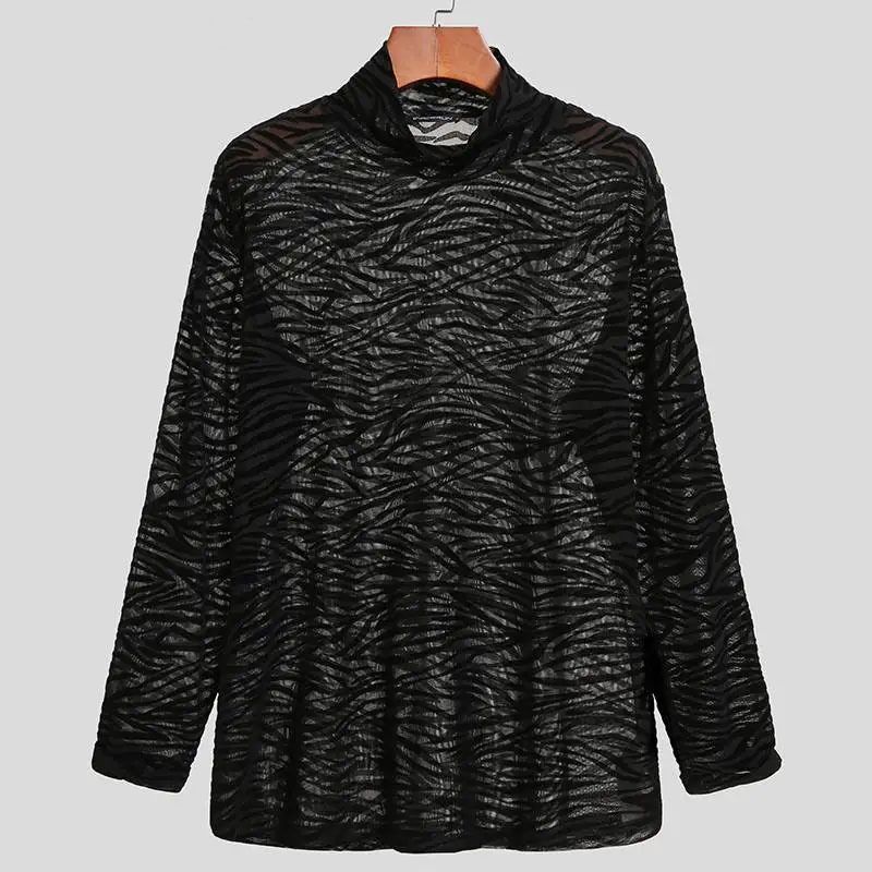 Dünnes elastisches Unterhemd mit Zebra-Print für den Herbst, durchsichtiges, enges T-Shirt mit hohem Halsausschnitt und langen Ärmeln für Herren_voghion.com