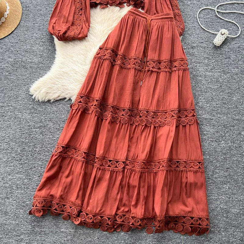 French Retro Heavy Hollow Lace Splicing Lantern Sleeve Short Shirt High Waist Big Swing Skirt Autumn Suit_voghion.com
