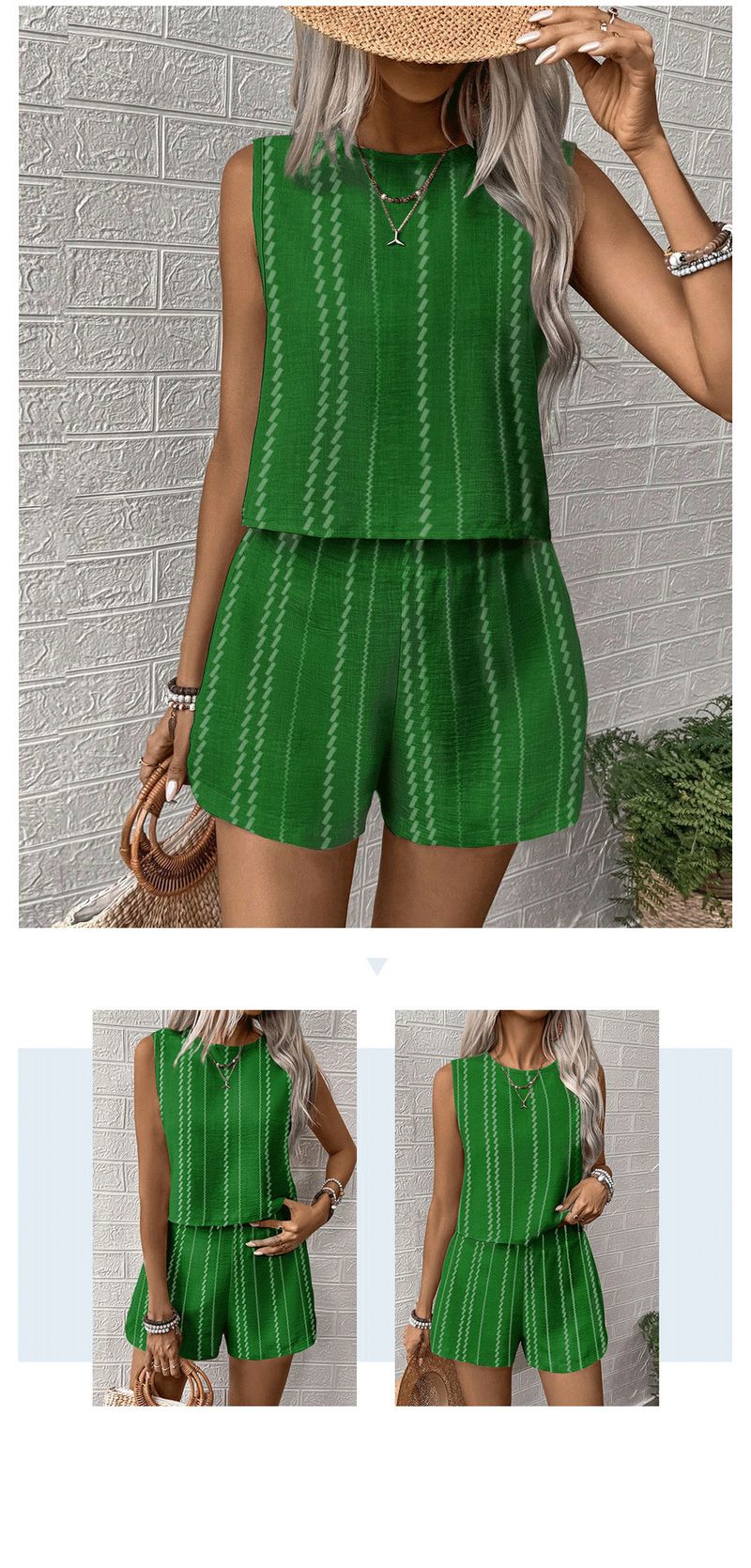 Ensemble haut sans manches et short à rayures rétro – Polyester respirant (S-XL) | Tenue d'été 2 pièces_voghion.com