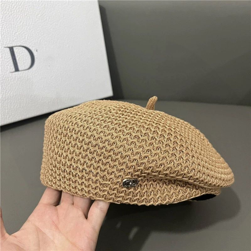 Mode Damer Plisserat papper Halm Basker Sommar Mjölk Siden Stickad Andas Stor konstnär Mode Målarhatt_voghion.com