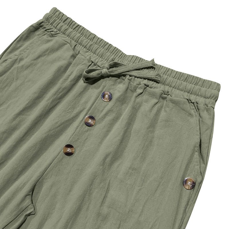 Pantaloni da spiaggia primaverili e autunnali da uomo, in cotone e lino, tinta unita, larghi, con coulisse e bottoni, casual, da uomo_voghion.com