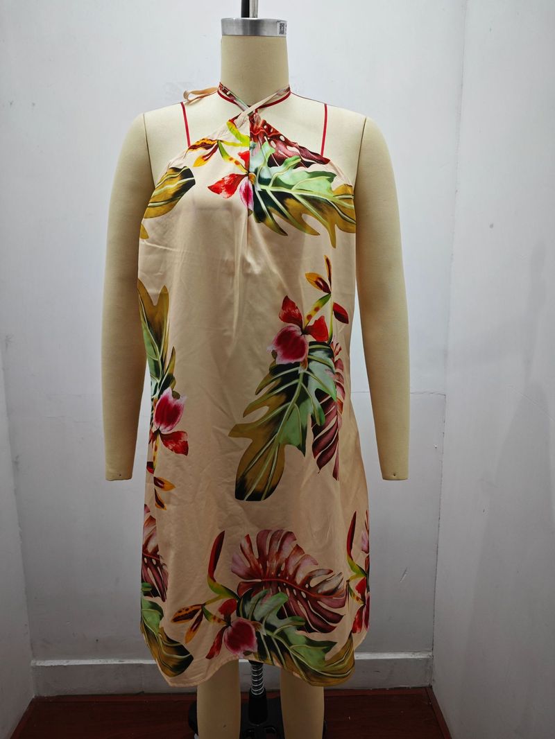 2025 Summer Printed Shoulder Hanging Neck Strap Loose Women's Dress For Women_voghion.com