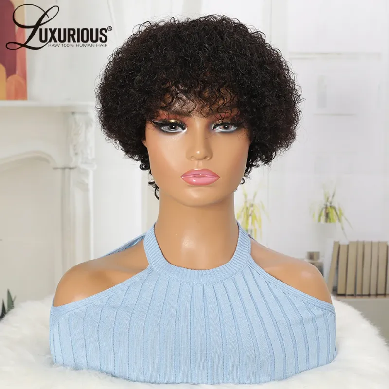 Brazilian Curly Human Hair Wigs With Bang Short Pixie Cut Bob Wig 150% Density_voghion.com