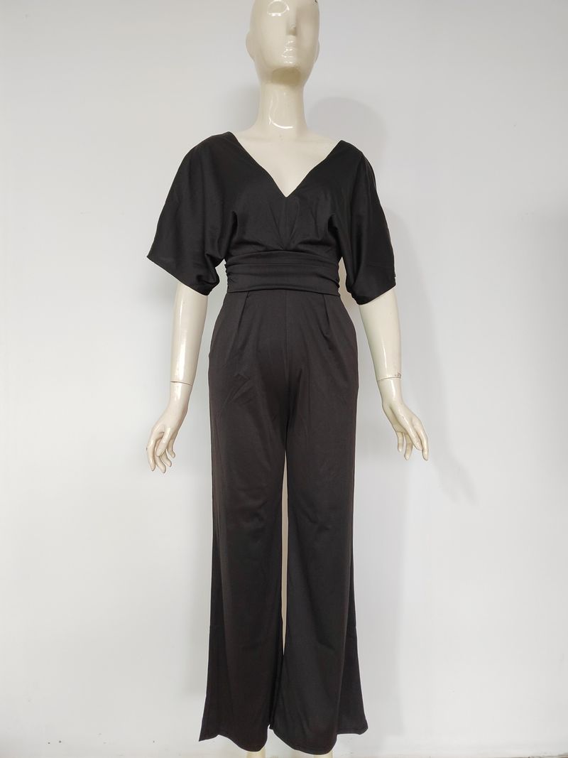 Damesjurk Jumpsuit Hot Sale Diepe V-broek met hoge taille en wijde pijpen_voghion.com