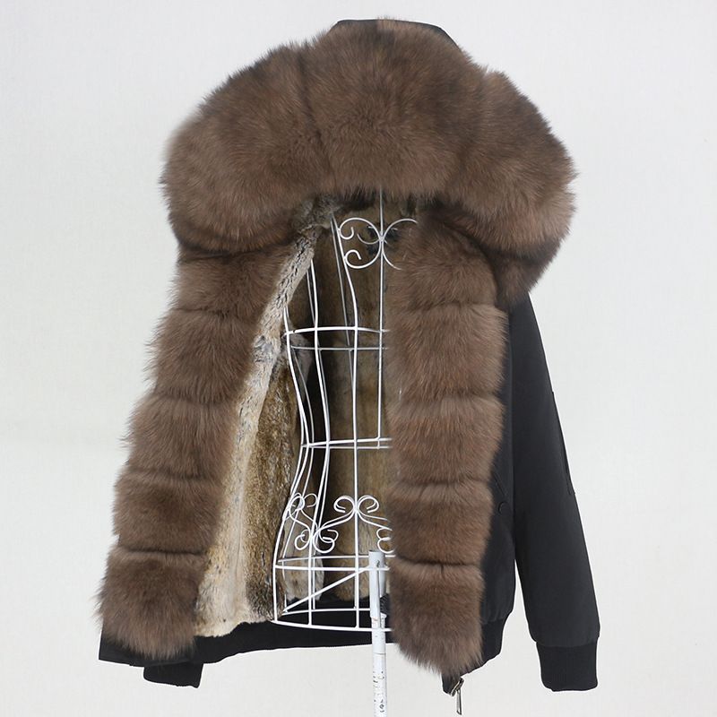 Damenbekleidung Parka im neuen Stil mit dickem Kaninchenfellfutter, abnehmbarem echtem Fuchspelz, großer Pelzkragenjacke, Pelzmantel_voghion.com