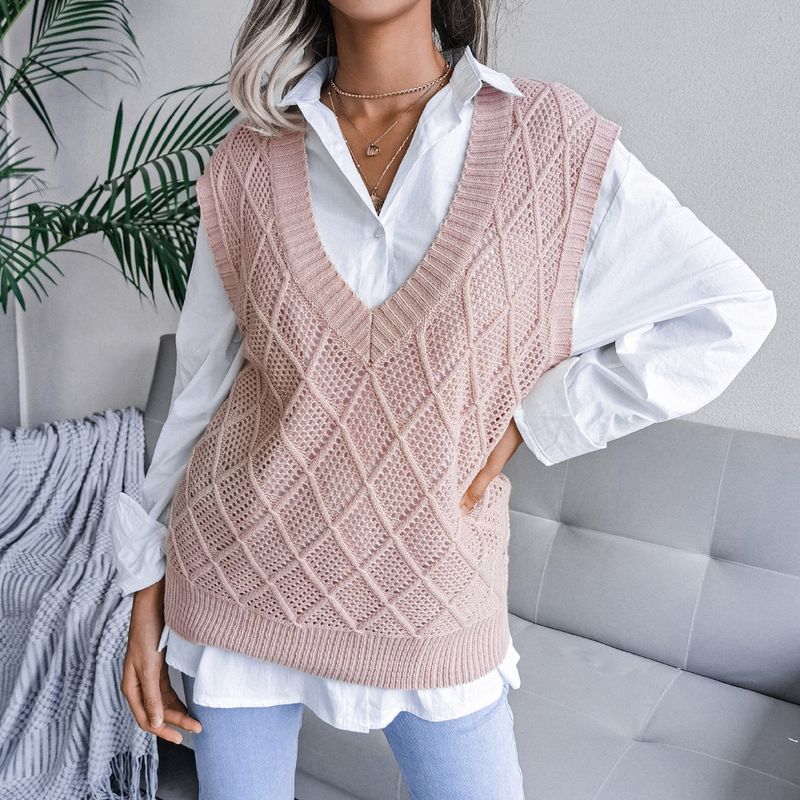 Pull décontracté en tricot à col en V et motif argyle pour femme, collection automne-hiver_voghion.com