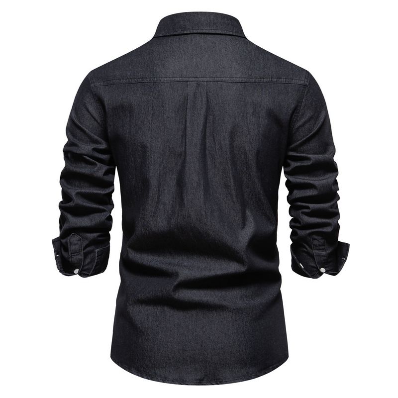 Jeanshemd für Herren – Klassische Langarm-Arbeitskleidung aus Baumwoll-Chambray, sandgewaschen und vorgeschrumpft (15 Farben von Mitternachtsschwarz bis Vintage-Blau)_voghion.com