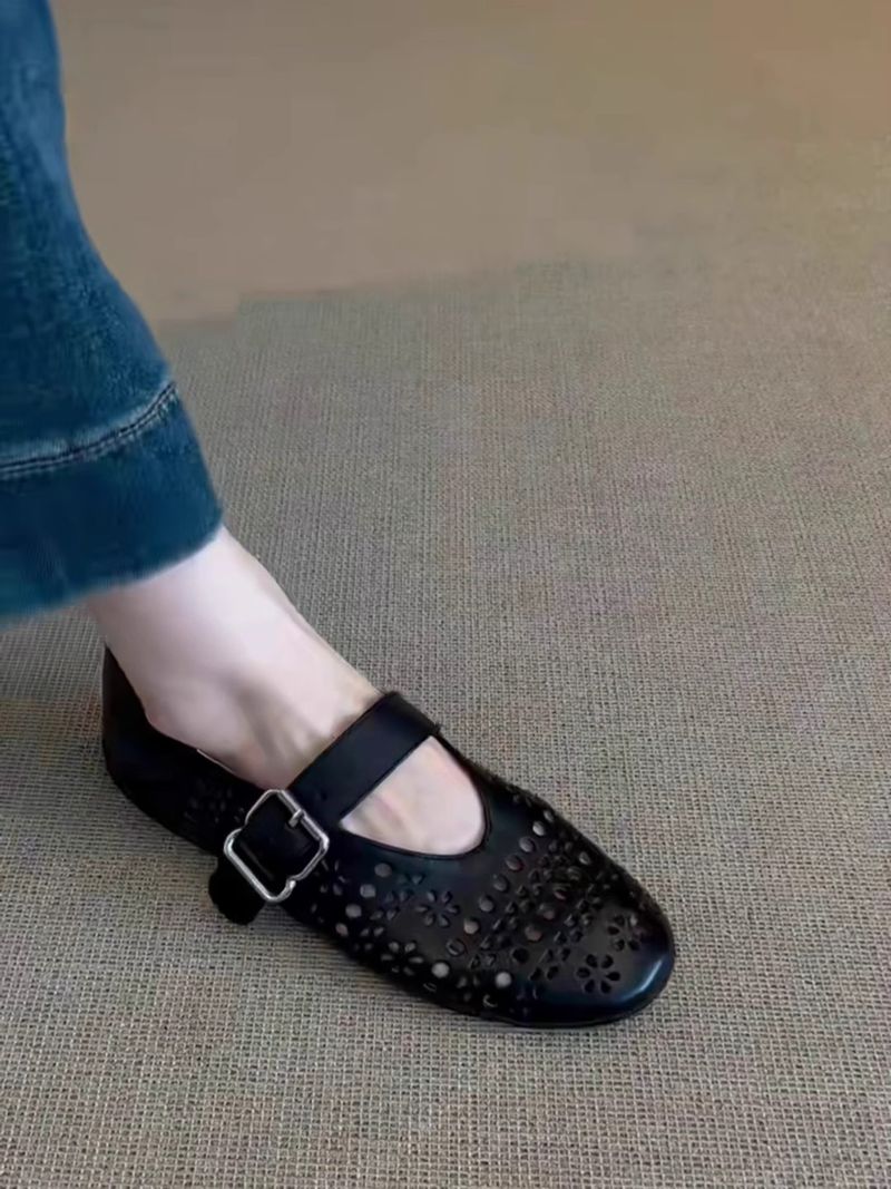 Lan Cabinet Edition ~ Ultra Soft Leather Hollow Strap Mary Jane Shoes Flat Breathable Shallow Ballet Flats_voghion.com
