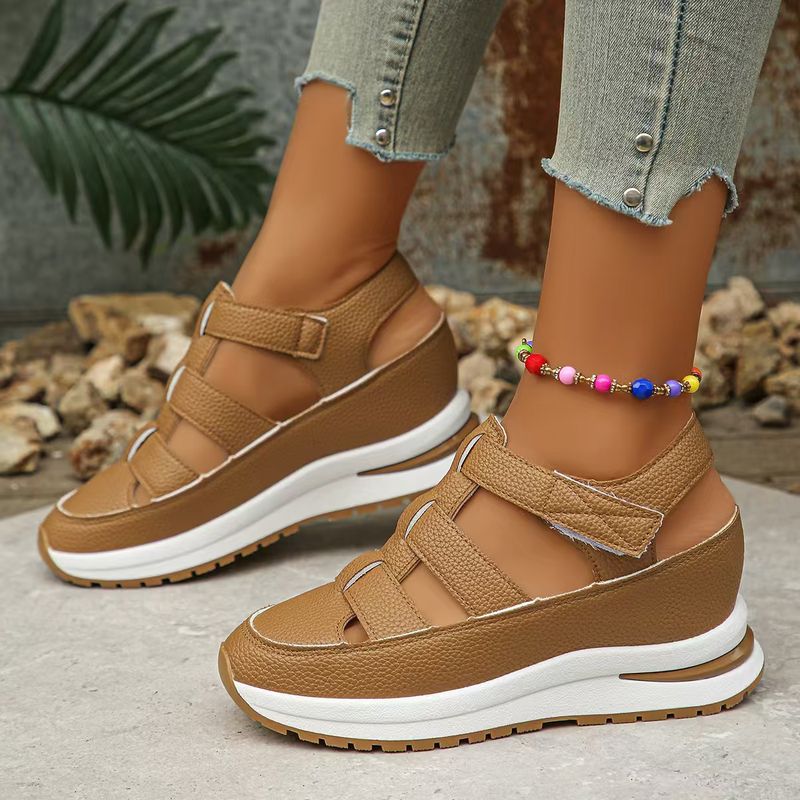 New Plus Size Wedge Sandals For Women, Closed Toe, Hollow Breathable, Thick Platform With Velcro_voghion.com