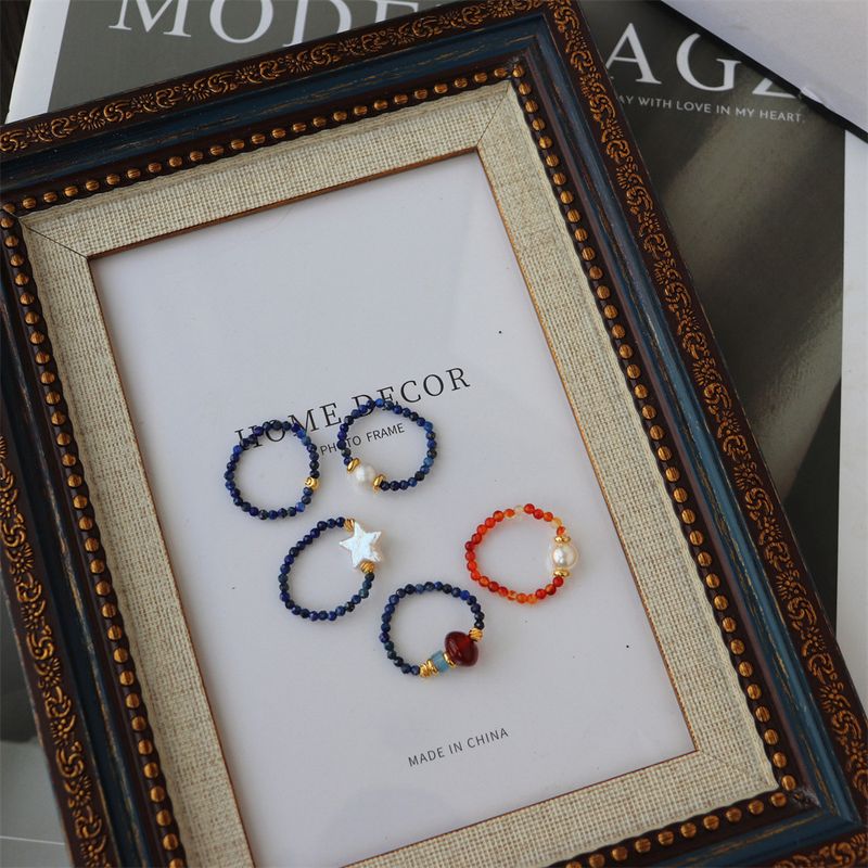 New Chinese Style Elastic Lapis Lazuli Ring Natural Star Pearl Agate Personality Trendy Women_voghion.com