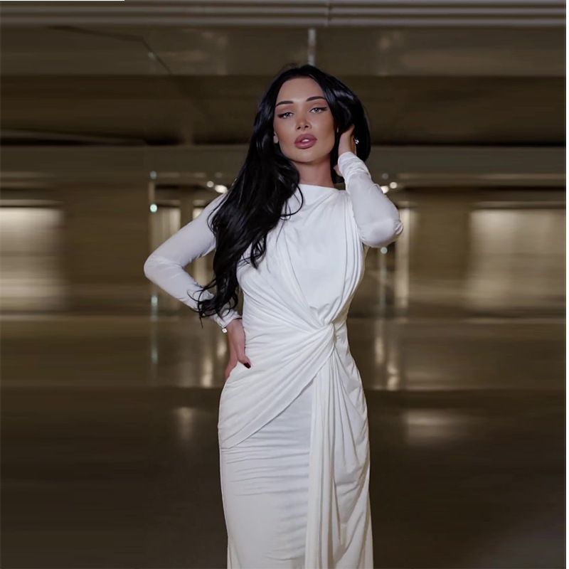 Women's Clothing Sexy Fashion Round Neck Pleated Waist Slim Fit Solid Color Temperament Dress_voghion.com