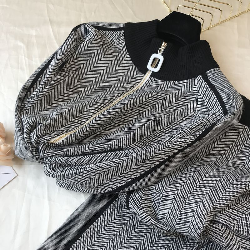 Dammemodesch Stand-up Kraang Reißverschluss Stricktop Hosen zwee Sets_voghion.com
