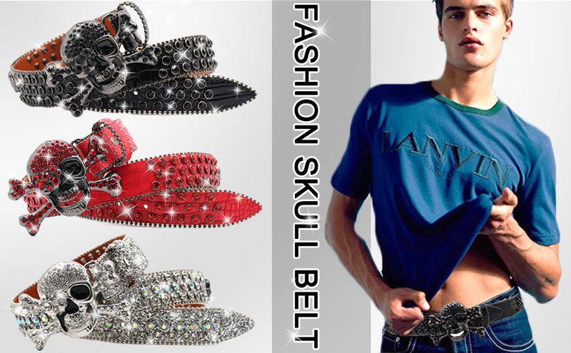VOOTHOST Heren Jeans Strass Donkere Schedel Hoofd Dames Riem Western Denim Glanzende Klinknagel Ontwerp Kunstmatige Diamant Riem Hip Hop Punk Y2k Riem F0386_voghion.com