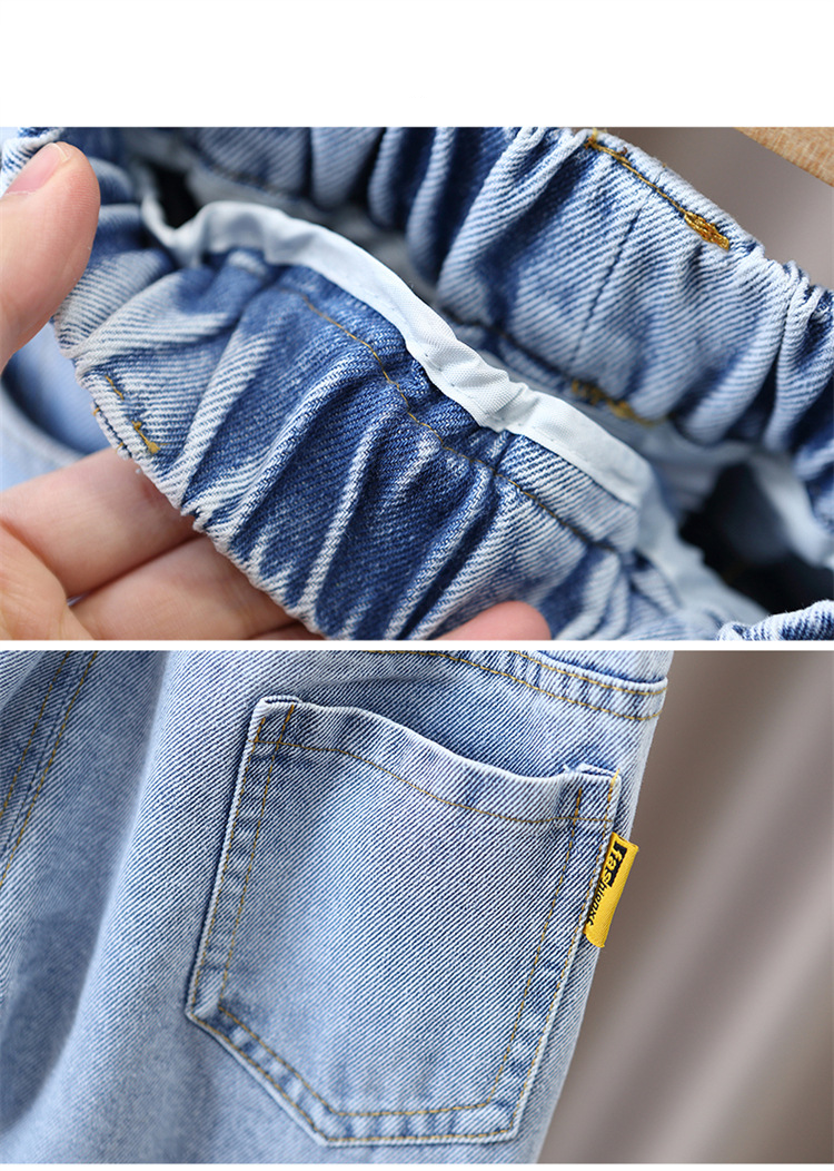 Mãe e crianças jeans primavera infantil 2024 nova primavera meninos primavera e outono estilo rasgado calças de bebê para crianças médias e grandes all-match_voghion.com