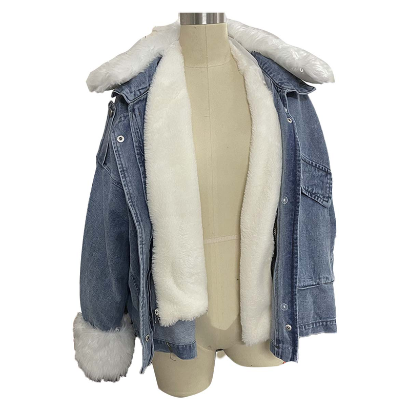 Kurze, verwaschene Pelzjacke aus Denim für Damen in Weiß_voghion.com