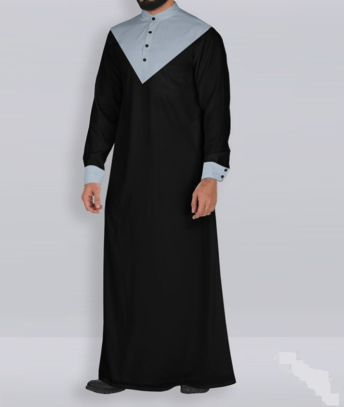 Robe masculino de malha com gola longa e botões, decoração em bloco de cores, robe alongado para homens_voghion.com