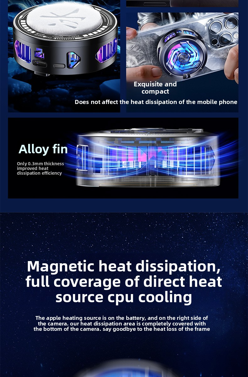 Supporto di raffreddamento magnetico per telefono - Base di raffreddamento a semiconduttore con ventola silenziosa da 25 dB e luce RGB (nero)_voghion.com