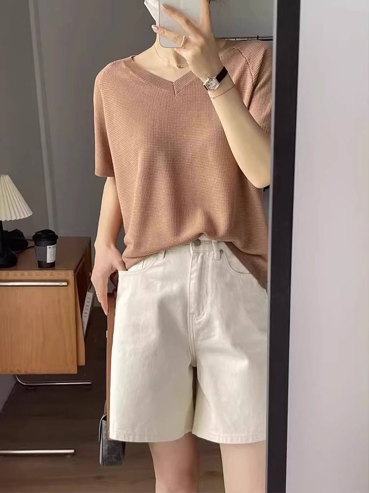 Thin, High-waisted, Loose Denim Shorts For Women, Large Size To Cover The Hips And Make Them Look Slimmer, Apricot-colored Mid-length Pants_voghion.com